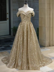 Prom Dresses For 2045, Ball Gown Off-the-Shoulder Sweep Train Sequins Prom Dresses With Lace