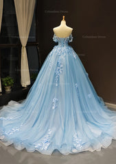 Prom Dress Places Near Me, Ball Gown Off-the-Shoulder Sweep Train Tulle Prom Dress With Appliqued