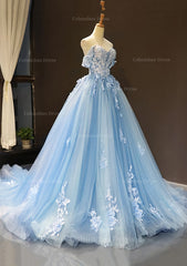 Prom Dresses For 2021, Ball Gown Off-the-Shoulder Sweep Train Tulle Prom Dress With Appliqued