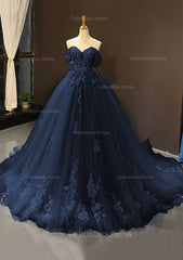 Prom Dresses Purple, Ball Gown Off-the-Shoulder Sweep Train Tulle Prom Dress With Appliqued