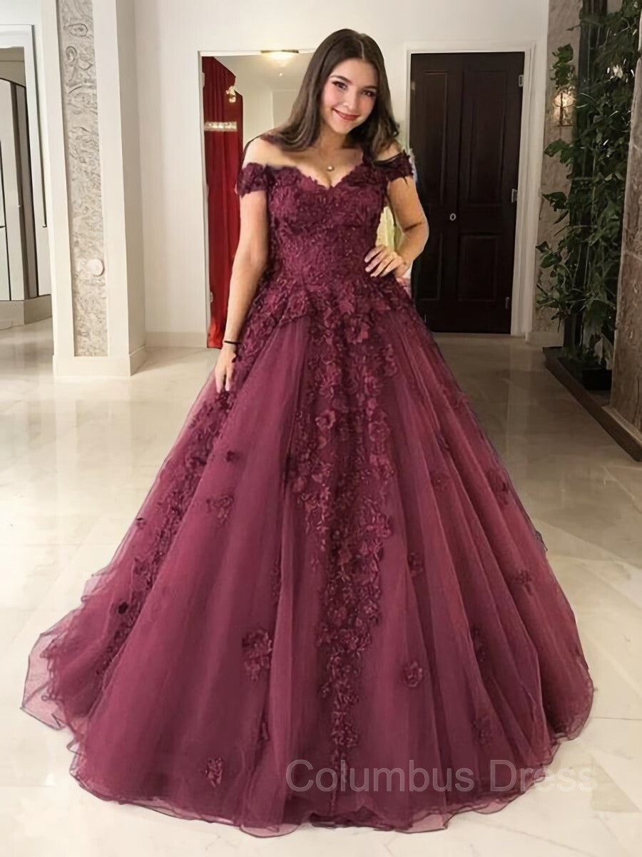 Prom Dresses For Adults, Ball Gown Off-the-Shoulder Sweep Train Tulle Prom Dresses With Appliques Lace