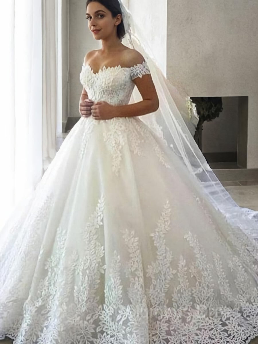 Wedding Dresses Classy, Ball Gown Off-the-Shoulder Sweep Train Tulle Wedding Dresses With Appliques Lace