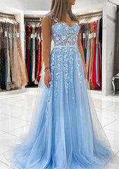 Bridesmaid Dress Styles Long, Ball Gown Princess Sweetheart Tulle Sweep Train Prom Dress With Appliqued Lace