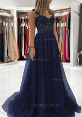 Bridesmaid Dress Style Long, Ball Gown Princess Sweetheart Tulle Sweep Train Prom Dress With Appliqued Lace