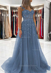 Bridesmaid Dress Beach, Ball Gown Princess Sweetheart Tulle Sweep Train Prom Dress With Appliqued Lace