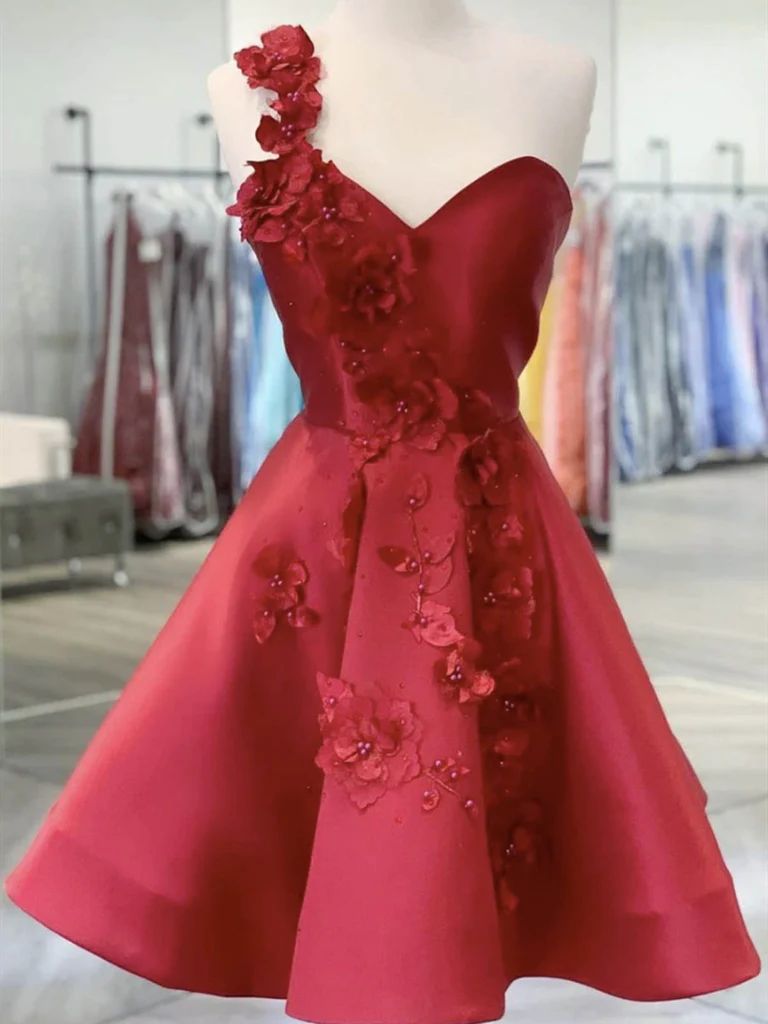 Bridesmaids Dresses With Sleeves, Ball Gown Red Hand-Made Flowers Satin One Shoulder Sleeveless Short Homecoming Dresses