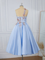 Wedding Shoes, Ball-Gown Satin One-Shoulder Flower Tea-Length Dress