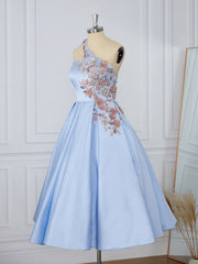 Party Dress, Ball-Gown Satin One-Shoulder Flower Tea-Length Dress