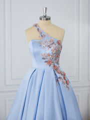 Graduation Dress, Ball-Gown Satin One-Shoulder Flower Tea-Length Dress