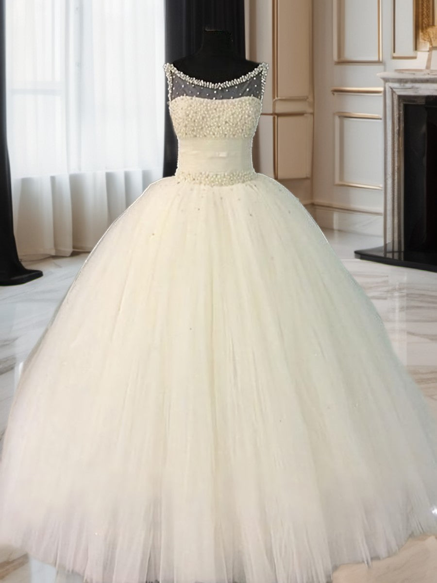 Wedding Dresses Romantic, Ball-Gown Scoop Beading Floor-Length Tulle Wedding Dress