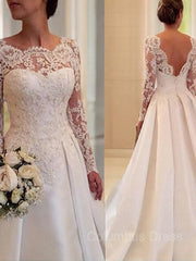Wedding Dressed Lace, Ball Gown Scoop Court Train Satin Wedding Dresses With Lace