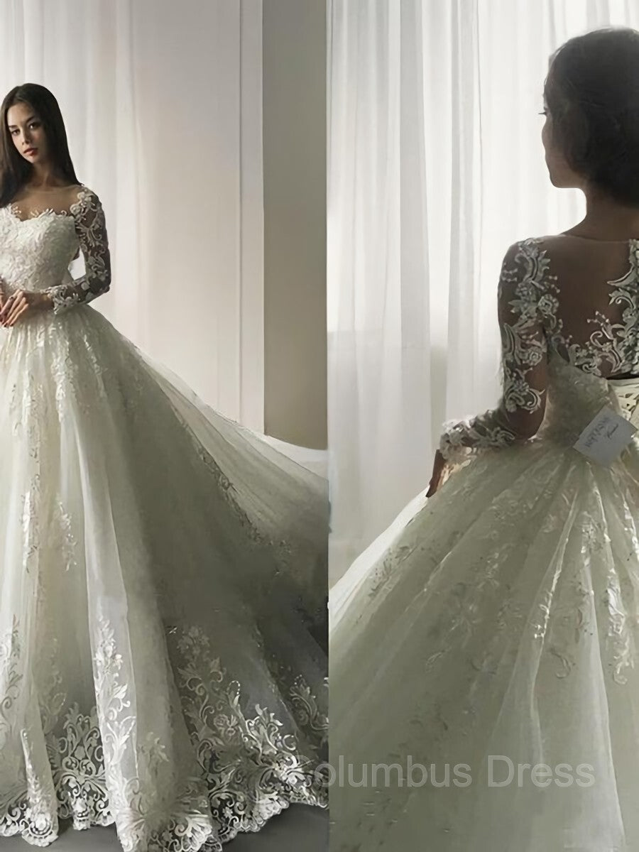 Wedding Dresses Lace A Line, Ball Gown Scoop Court Train Tulle Wedding Dresses With Appliques Lace