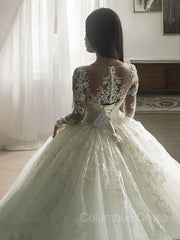 Wedding Dresses Inspiration, Ball Gown Scoop Court Train Tulle Wedding Dresses With Appliques Lace