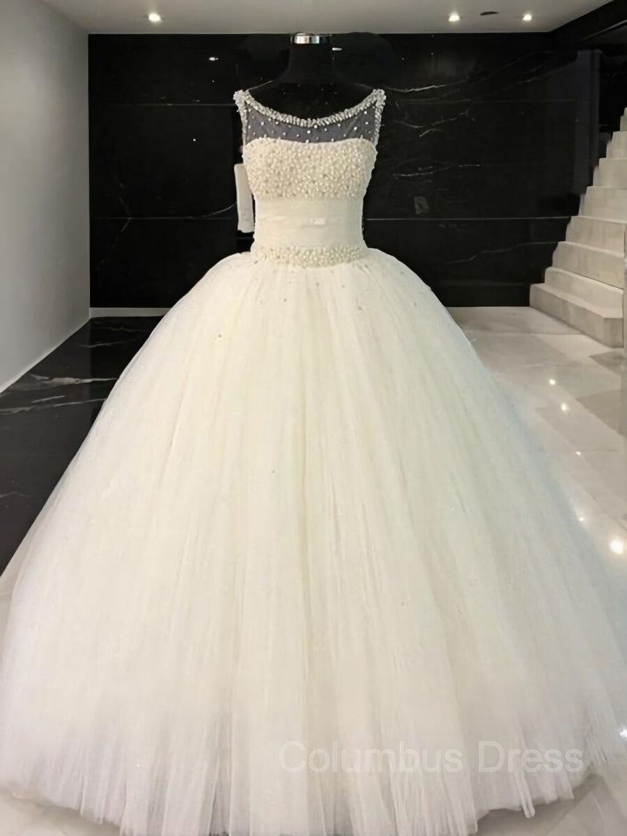 Wedding Dresses For Maids, Ball Gown Scoop Floor-Length Tulle Wedding Dresses With Beading
