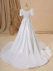 Weddings Dresses Lace, Ball Gown Short Sleeves Charmeuse Square Chapel Train Wedding Dress