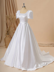 Wedding Dresses For Fall Wedding, Ball Gown Short Sleeves Charmeuse Square Chapel Train Wedding Dress