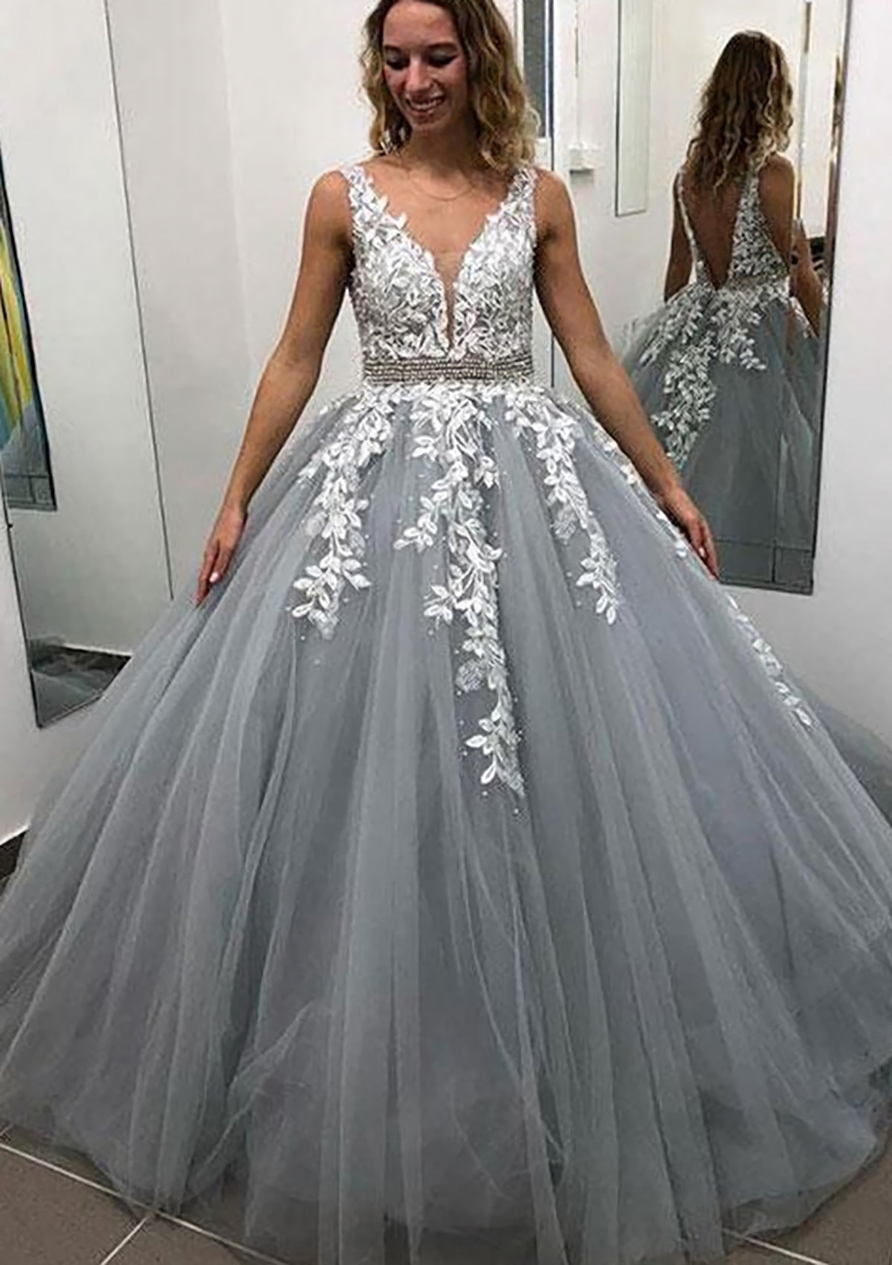 Formal Dress For Wedding Reception, Ball Gown Sleeveless Long/Floor-Length Tulle Prom Dress With Lace Appliqued Beading