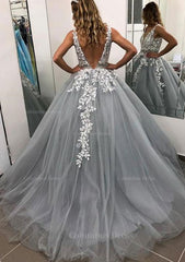 Formal Dresses For Wedding Guest, Ball Gown Sleeveless Long/Floor-Length Tulle Prom Dress With Lace Appliqued Beading