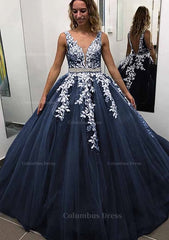 Formal Dresses For Weddings Guest, Ball Gown Sleeveless Long/Floor-Length Tulle Prom Dress With Lace Appliqued Beading