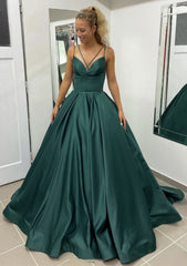 Prom Dresses Pink, Ball Gown Sleeveless Scalloped Neck Sweep Train Satin Prom Dress With Pleated Pockets