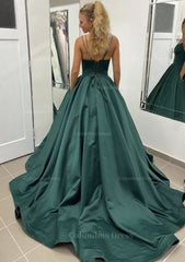 Prom Dress Designer, Ball Gown Sleeveless Scalloped Neck Sweep Train Satin Prom Dress With Pleated Pockets