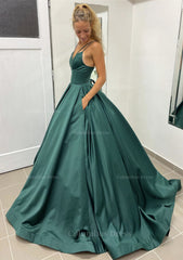 Prom Dresses Designer, Ball Gown Sleeveless Scalloped Neck Sweep Train Satin Prom Dress With Pleated Pockets