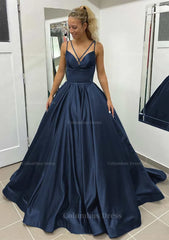 Prom Dress Design, Ball Gown Sleeveless Scalloped Neck Sweep Train Satin Prom Dress With Pleated Pockets