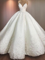 Wedding Dress Sleeves, Ball-Gown Spaghetti Straps Applique Floor-Length Satin Wedding Dress