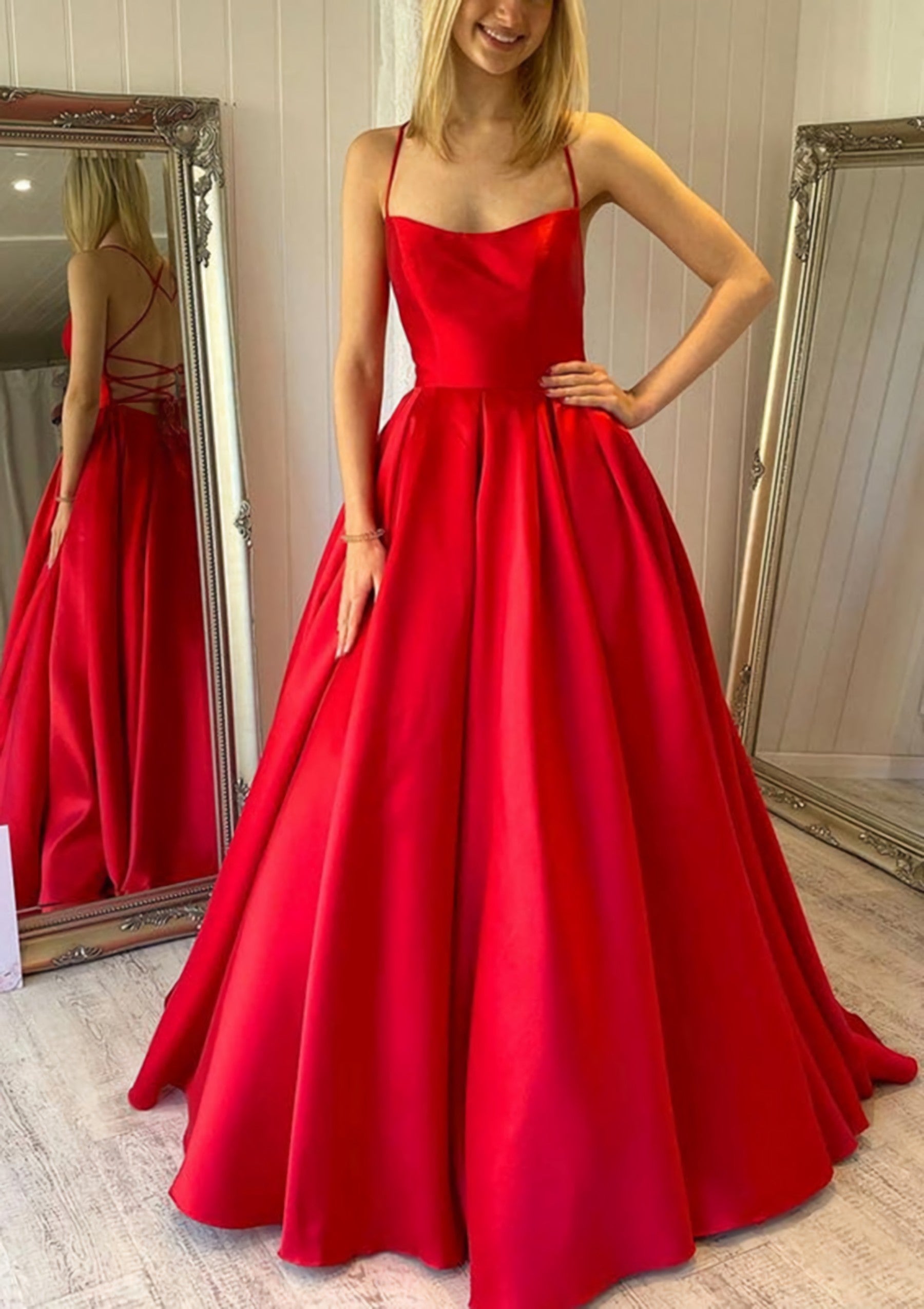 Night Club Outfit, Ball Gown Square Neckline Sleeveless Satin Sweep Train Prom Dress With Pleated Pockets
