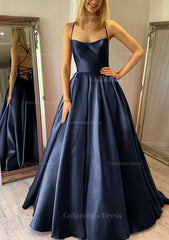 Prom Aesthetic, Ball Gown Square Neckline Sleeveless Satin Sweep Train Prom Dress With Pleated Pockets