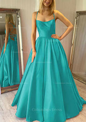 Design Dress Casual, Ball Gown Square Neckline Sleeveless Satin Sweep Train Prom Dress With Pleated Pockets