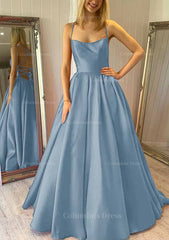 Sweater Dress, Ball Gown Square Neckline Sleeveless Satin Sweep Train Prom Dress With Pleated Pockets