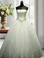 Wedding Dress Long, Ball-Gown Straight Beading Floor-Length Tulle Wedding Dress