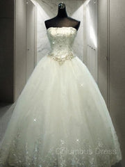 Wedding Dresses Vintage Style, Ball Gown Strapless Floor-Length Tulle Wedding Dresses With Rhinestone