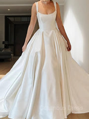 Wedding Dress A Line, Ball Gown Straps Court Train Satin Wedding Dresses