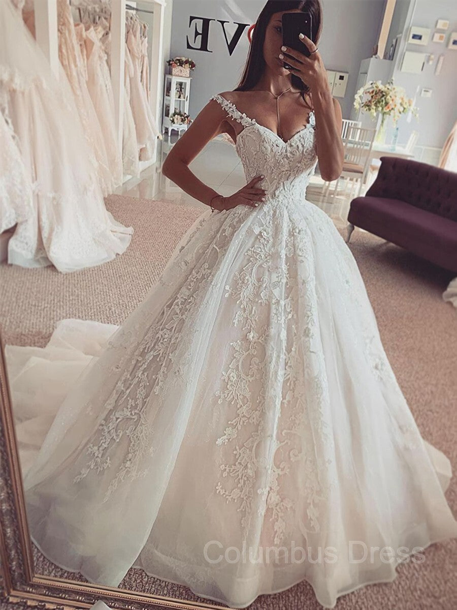 Wedding Dress Back, Ball Gown Straps Sweep Train Tulle Wedding Dresses With Appliques Lace
