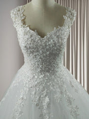 Wedding Dress With Covered Back, Ball-Gown Sweetheart Applique Floor-Length Tulle Wedding Dress