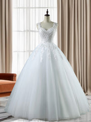 Wedding Dress Idea, Ball-Gown Sweetheart Applique Floor-Length Tulle Wedding Dress