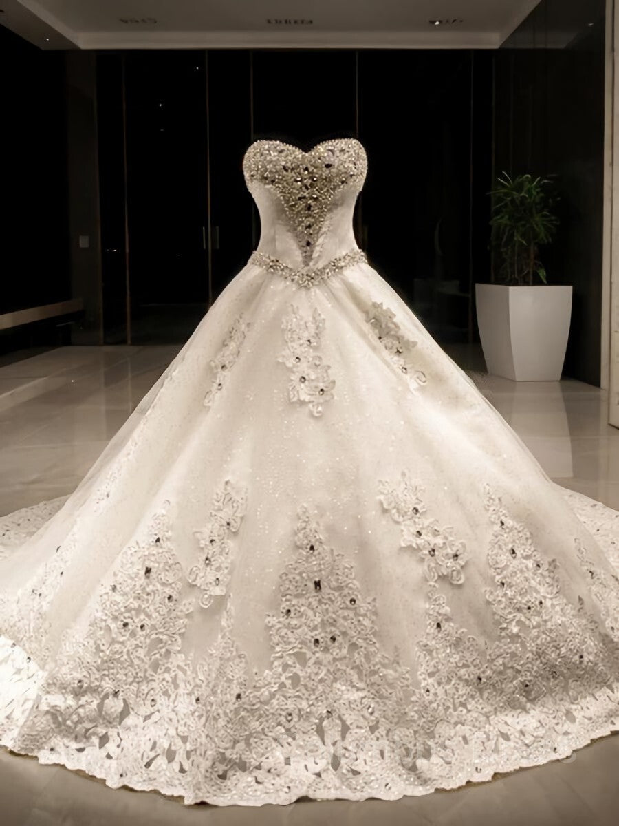 Wedding Dress Casual, Ball Gown Sweetheart Cathedral Train Tulle Wedding Dresses With Sequin