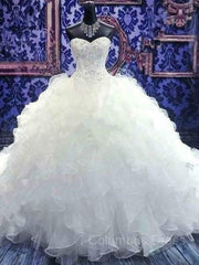 Wedding Dresses Costs, Ball Gown Sweetheart Cathedral Train Organza Wedding Dresses With Beading