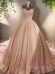 Bridesmaid Dresses Mismatched Spring Colors, Ball Gown Sweetheart Court Train Satin Evening Dresses With Appliques Lace