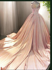 Bridesmaids Dresses Winter Wedding, Ball Gown Sweetheart Court Train Satin Evening Dresses With Appliques Lace