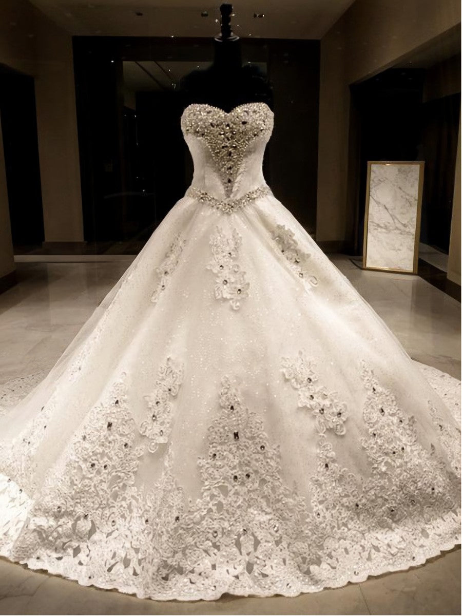 Wedding Dress Sale, Ball-Gown Sweetheart Sequin Cathedral Train Tulle Wedding Dress