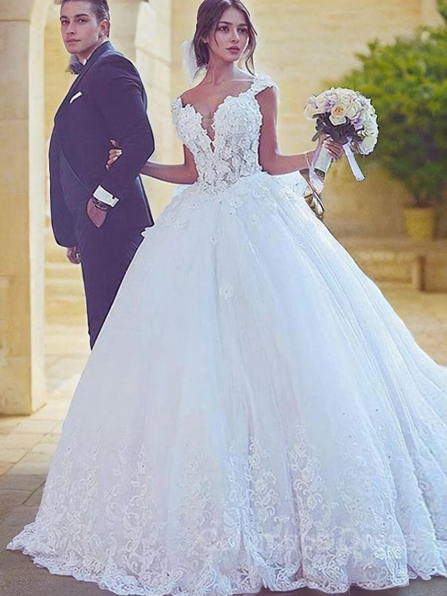 Wedsing Dress Off The Shoulder, Ball Gown Sweetheart Sweep Train Tulle Wedding Dresses With Appliques Lace