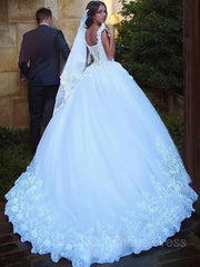 Wedding Dress A Line Sleeves, Ball Gown Sweetheart Sweep Train Tulle Wedding Dresses With Appliques Lace