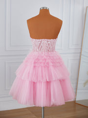 Prom Dress With Sleeve, Ball-Gown Tulle Sweetheart Appliques Lace Corset Short/Mini Dress