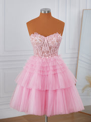 Prom Dress With Sleeves, Ball-Gown Tulle Sweetheart Appliques Lace Corset Short/Mini Dress