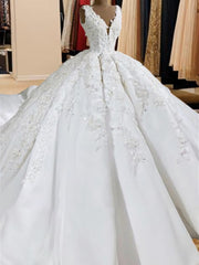 Wedding Dresses Mermaid, Ball-Gown V-neck Appliques Lace Sweep Train Satin Wedding Dress