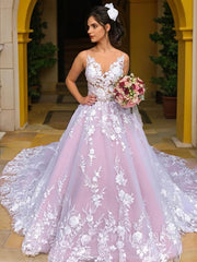 Wedding Dresses Bridesmaids, Ball Gown V-neck Chapel Train Lace Wedding Dresses With Appliques Lace