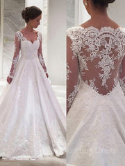 Weddings Dresses Lace, Ball Gown V-neck Court Train Satin Wedding Dresses With Appliques Lace